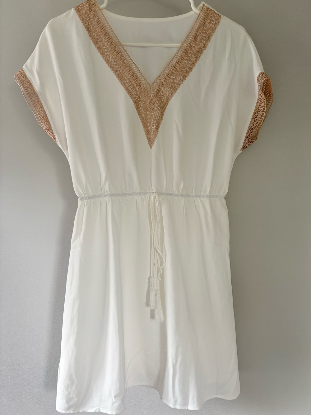 White Cover-Up Dress with Tan Crochet Trim
